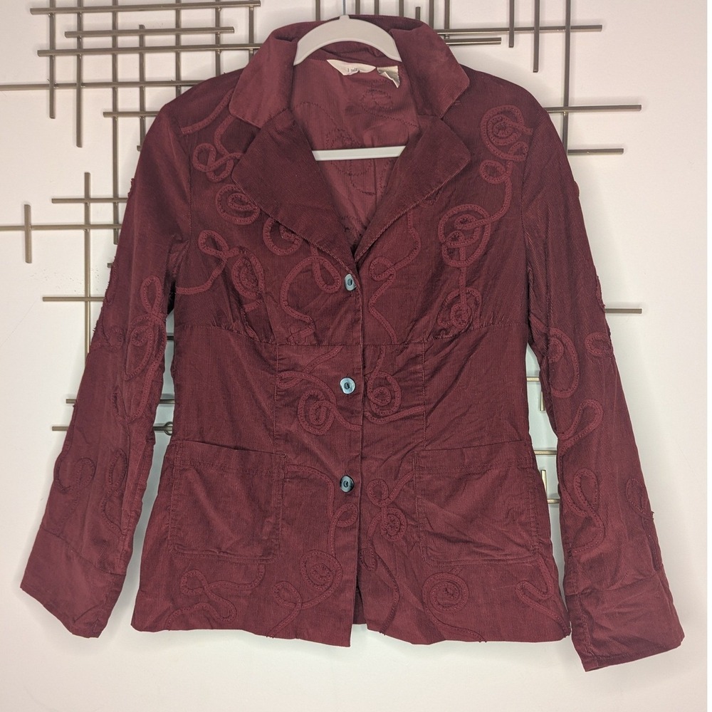 J Jill Corduroy Embroidered Blazer Jacket Burgundy Women's Sz 4 Boho Festival